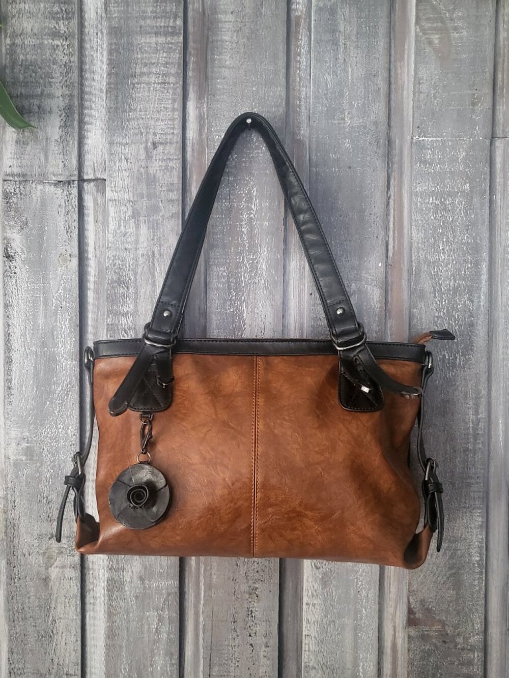 BLOM & CO Brown Faux Leather Satchel Shoulder Bag Medium Flower Keychain NWOT